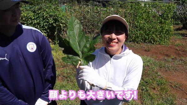 桑「創輝」と顔の大きさを比べる女子学生